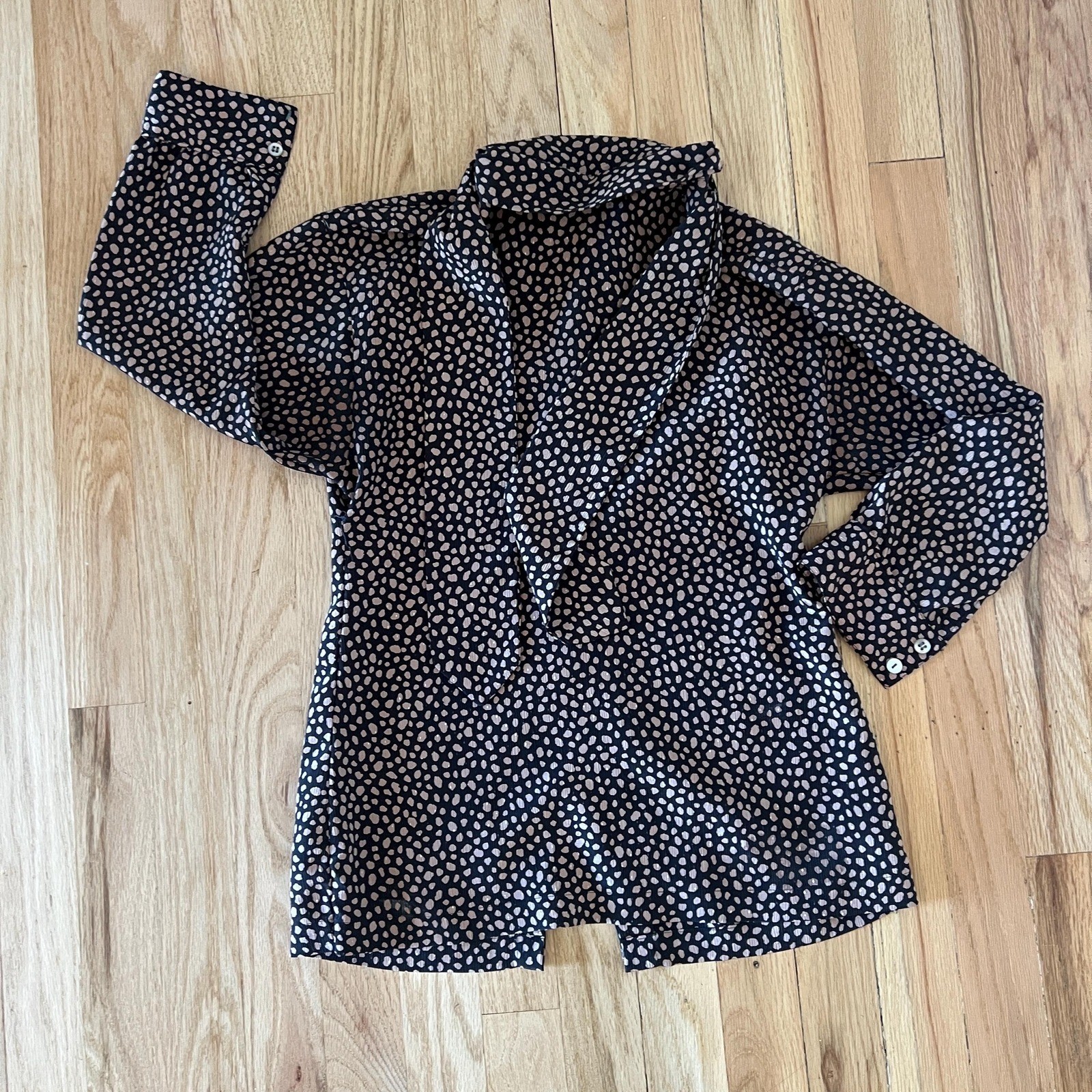 vtg 80s animal spot XS cravat button down blouse brown black neutrals