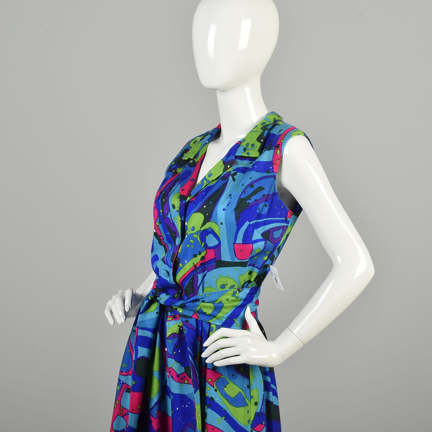 Small 1970s Jumpsuit Hawaiian Abstract Neon Wide Leg Belted Sleeveless Jumpsuit