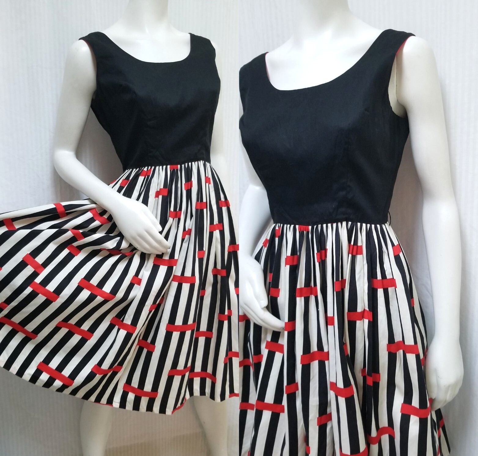 Vintage 1950’s JUNIOR SET Black White Red Full Skirt Dress – Size S