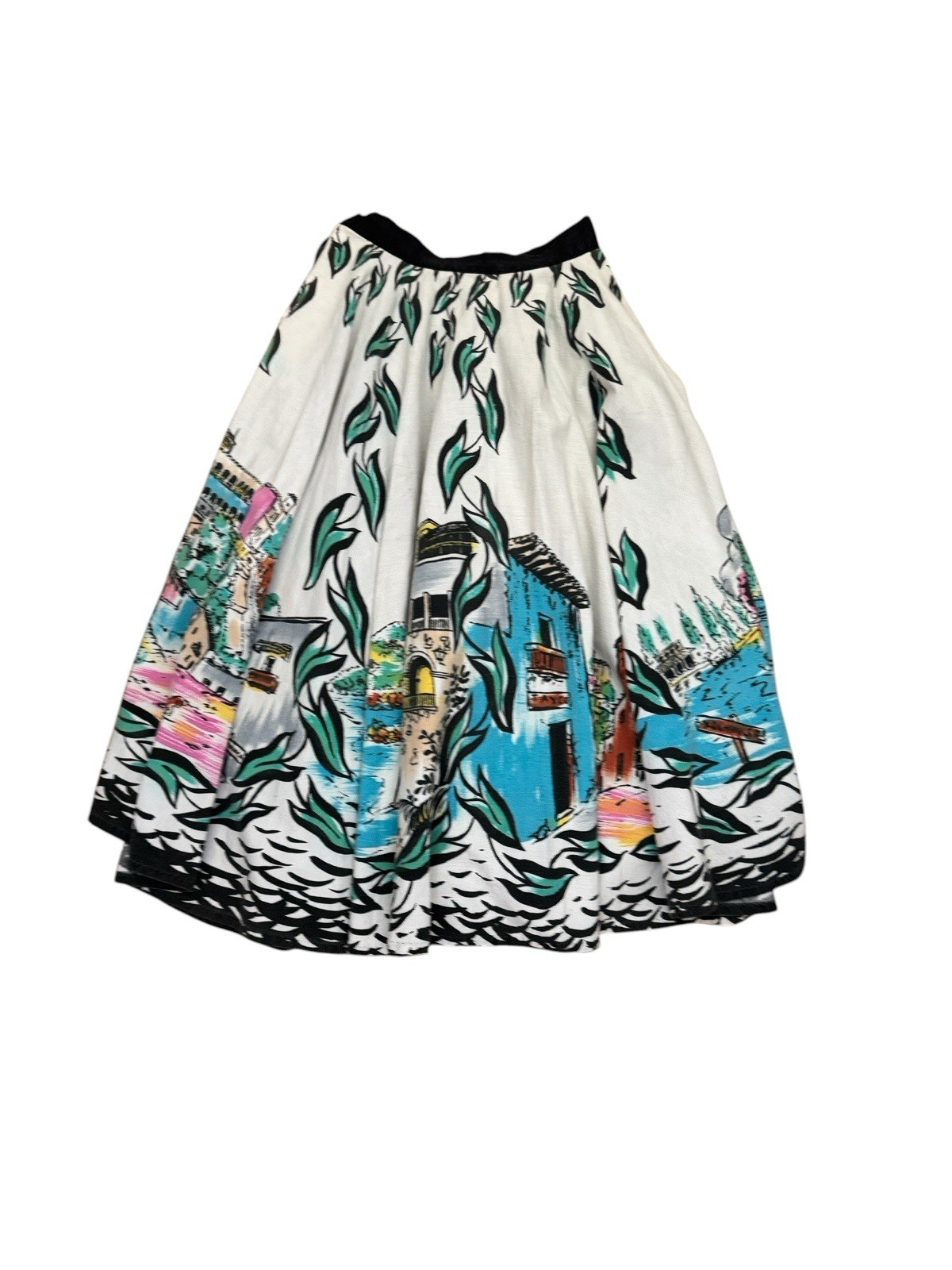 Vtg 50s Village Hand Painted Mexican Tourist Circle Patio Skirt XS