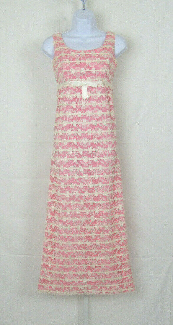 VTG 1950s REICH ORIGINALS MAXI DRESS PINK WHITE LACE MESH BOWS SLEEVELESS