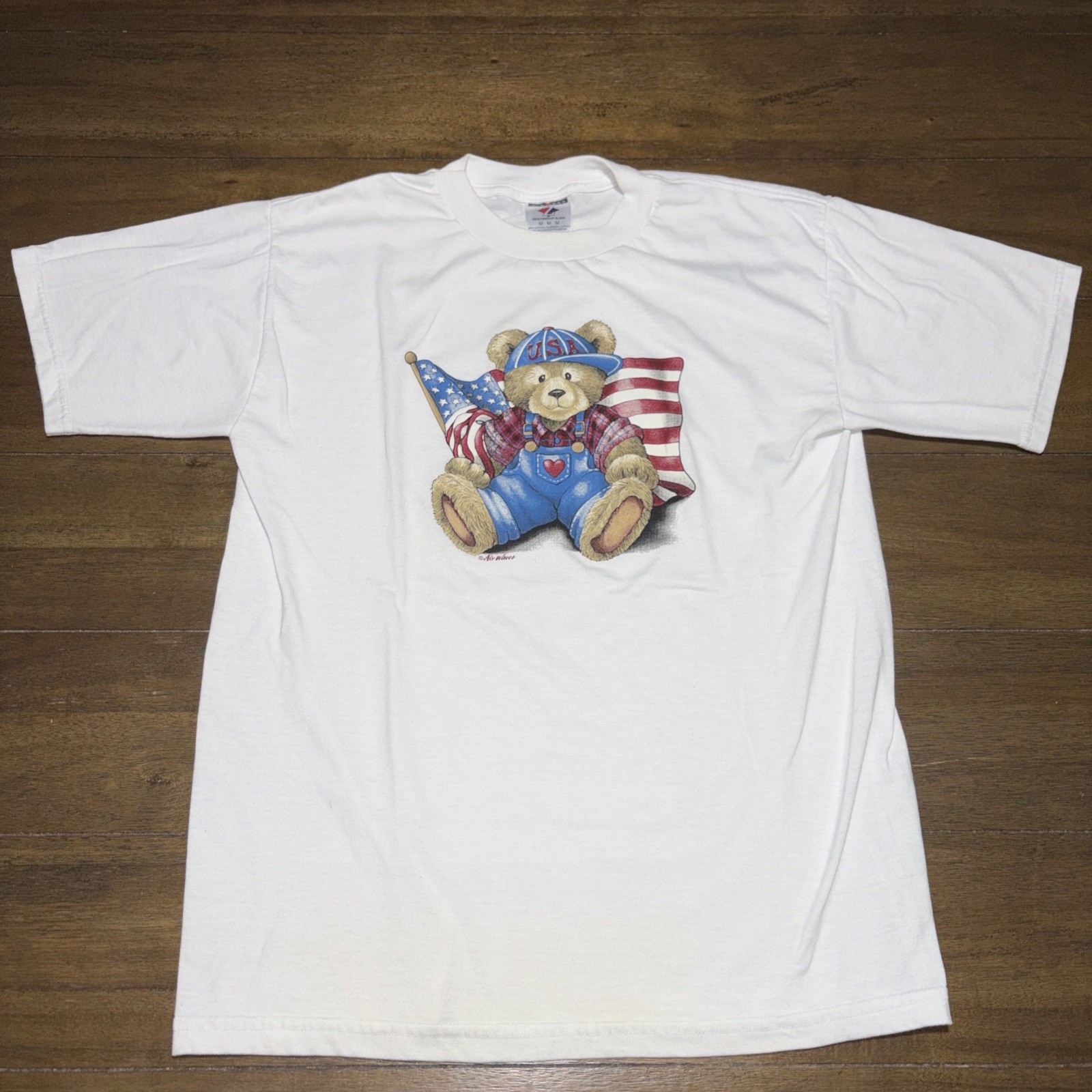 VTG Teddy Bear USA Tshirt America Grandmacore 90s Red White Blue Poly Cotton M