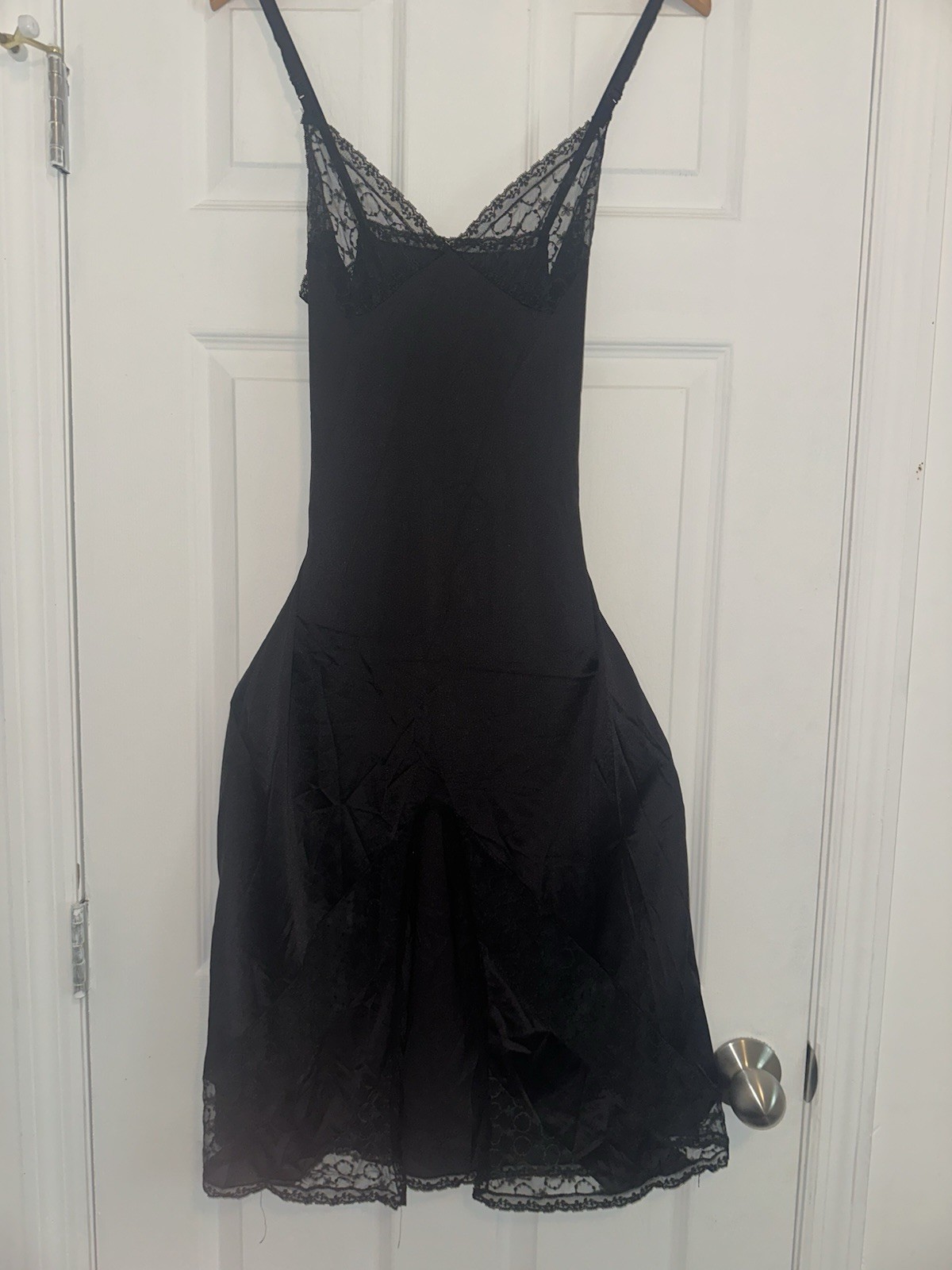 Vintage Black 1970s Retro Sheer Floral Lace Slip Dress Nightgown V Neck Size 36