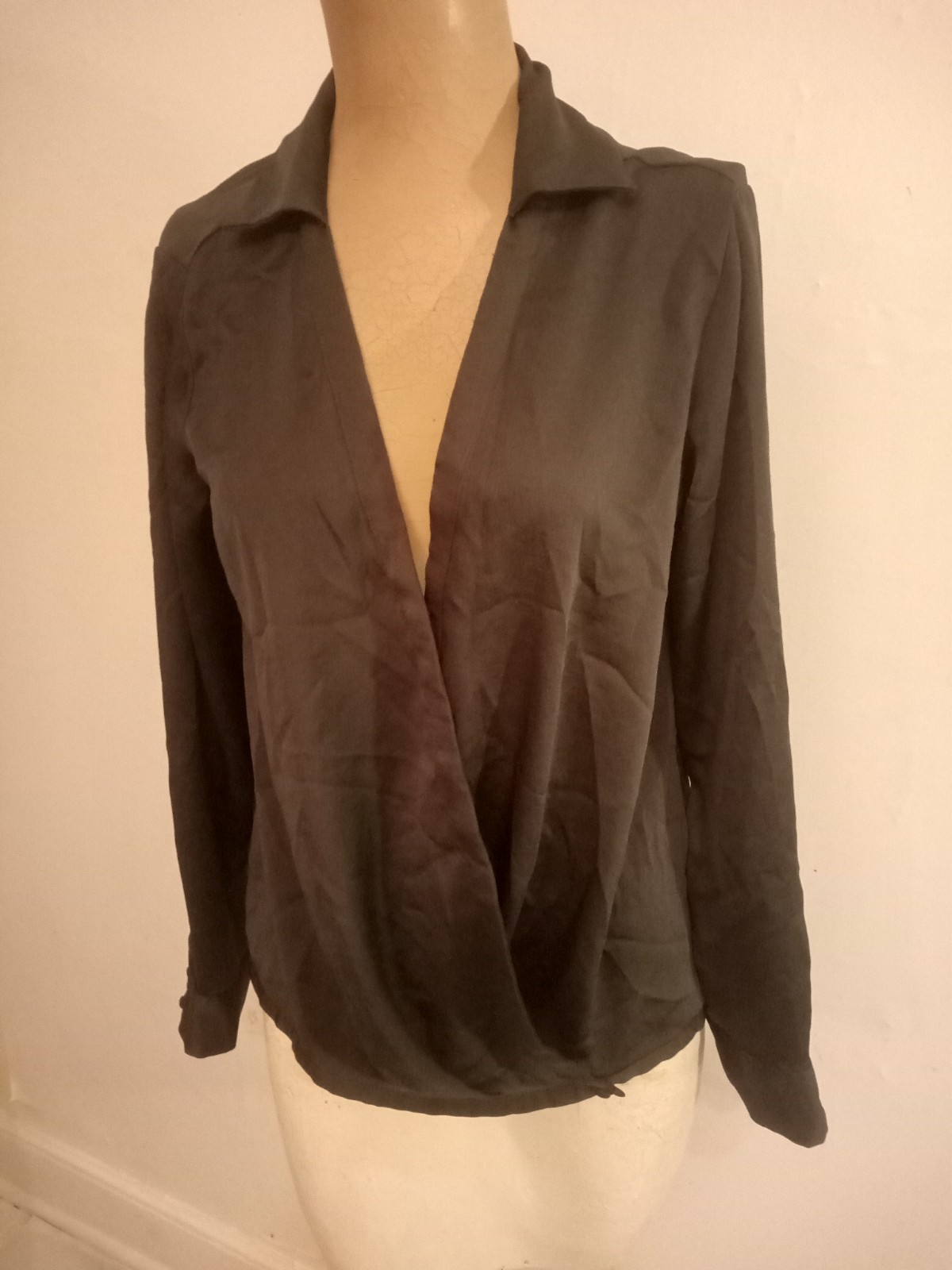Vintage A New Day Elegant Black Wrap Blouse Size S