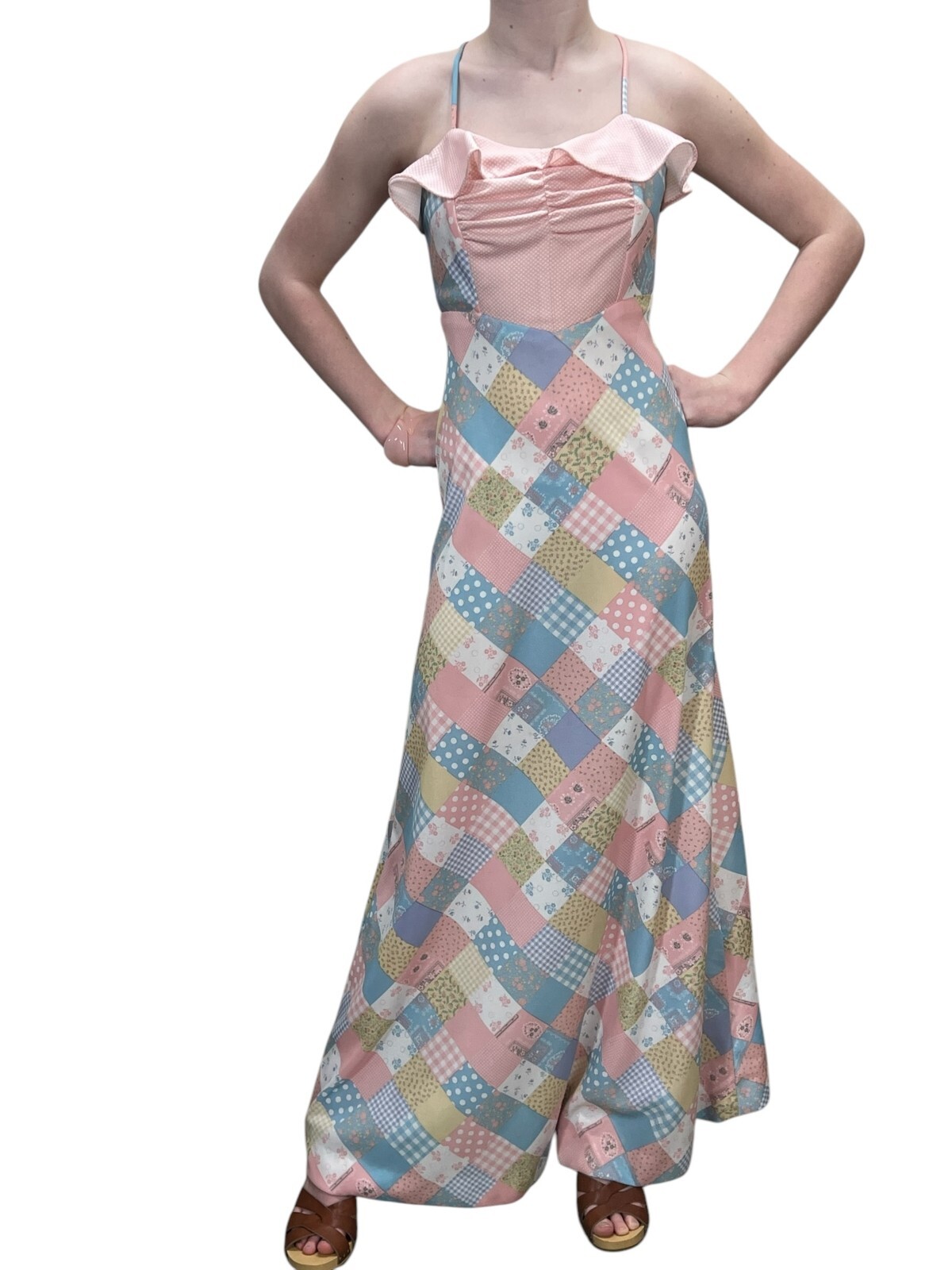 XS/S Vtg 70s Maxi Dress HALTER Ruffle Pastel Patchwork Knit Spaghetti Gay Gibson