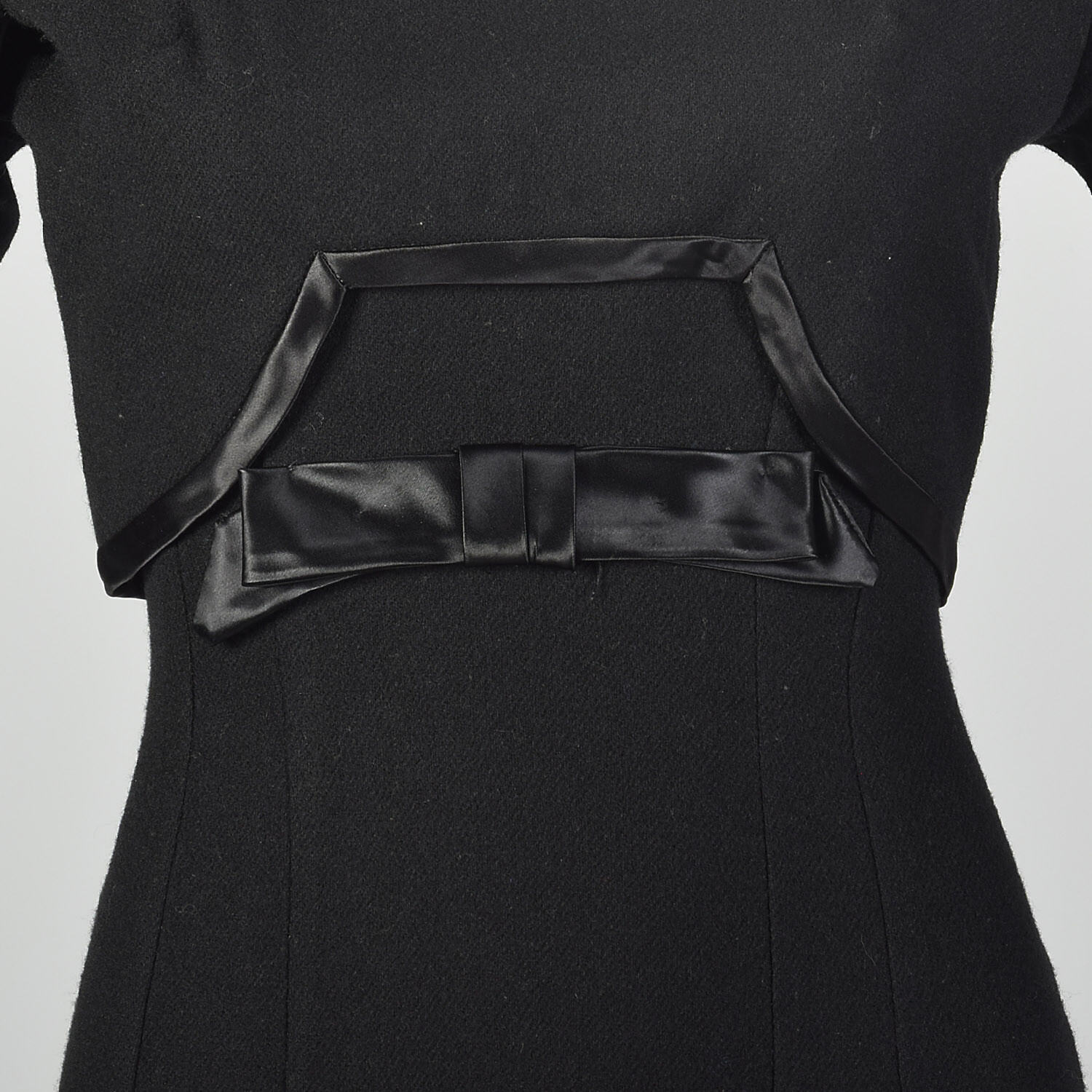 S 1950s Black Dress Wool Pencil Sheath Classic LBD Pinup Rockabilly Bow 50s VTG