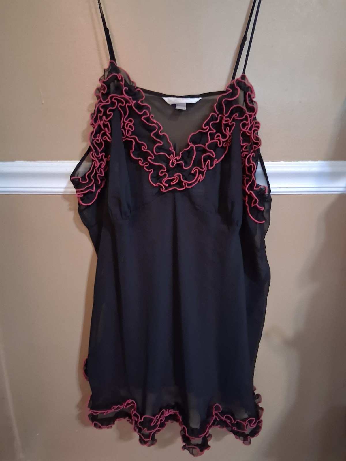 Cucique Vtg 90’s Black Pink Ruffles Chemise Lingerie Babydoll Nightgown 26/28