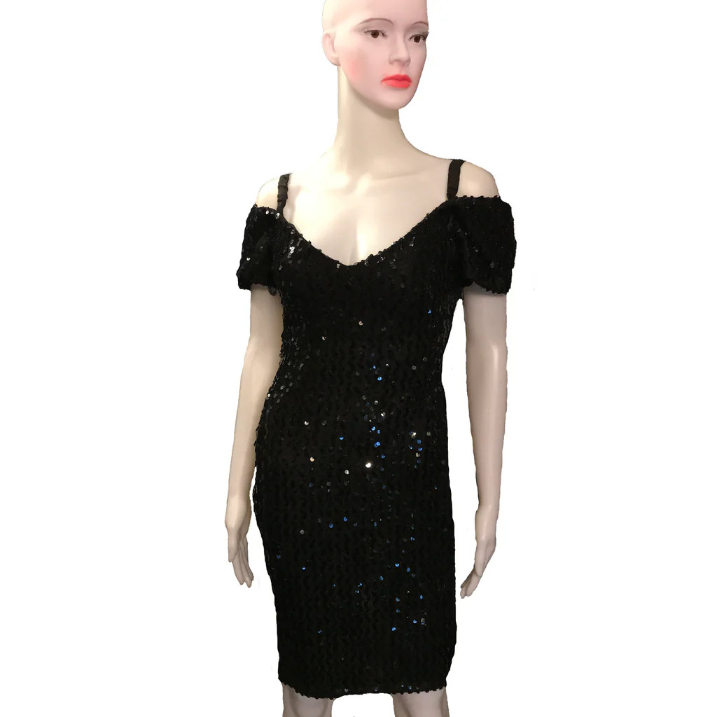Vintage 80s Glenrob Black Sequin Off Shoulder Convertible Cocktail Dress Women’s