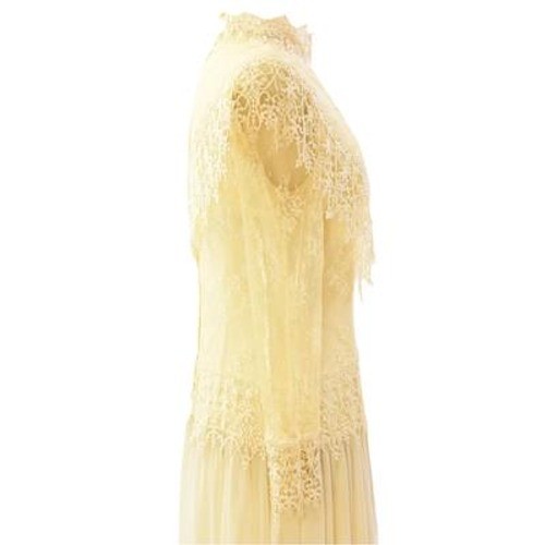 70s Vtg Jessica McClintock Ivory Lace Prairie Bridal Dress M Stand up Collar