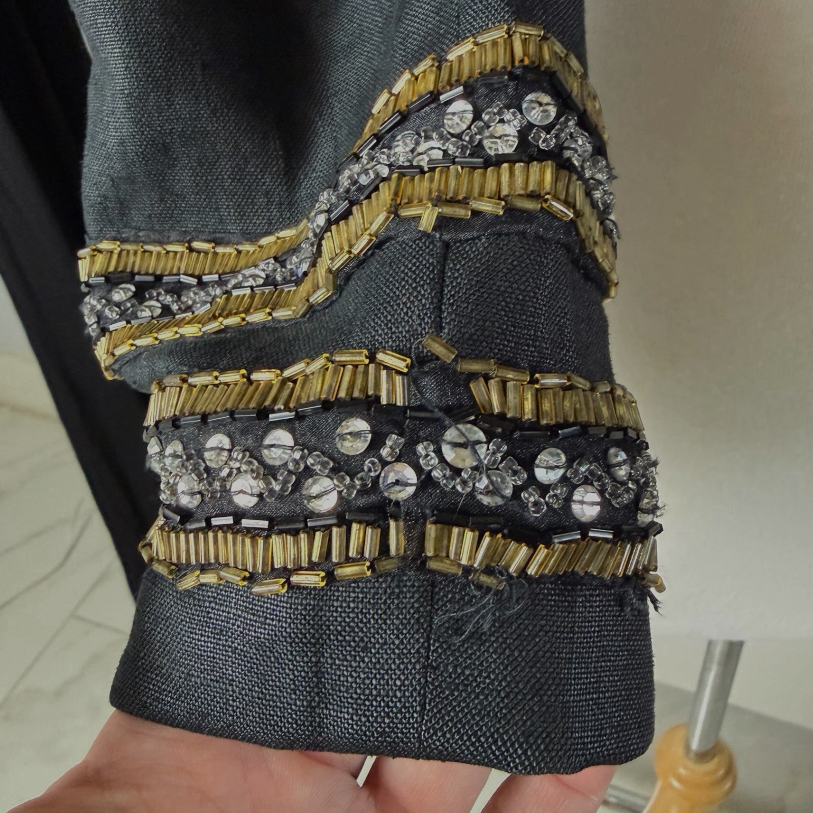 Vintage Pia Rucci Black Linen Cropped Spencer Jacket Military Beaded Blazer Sz 6