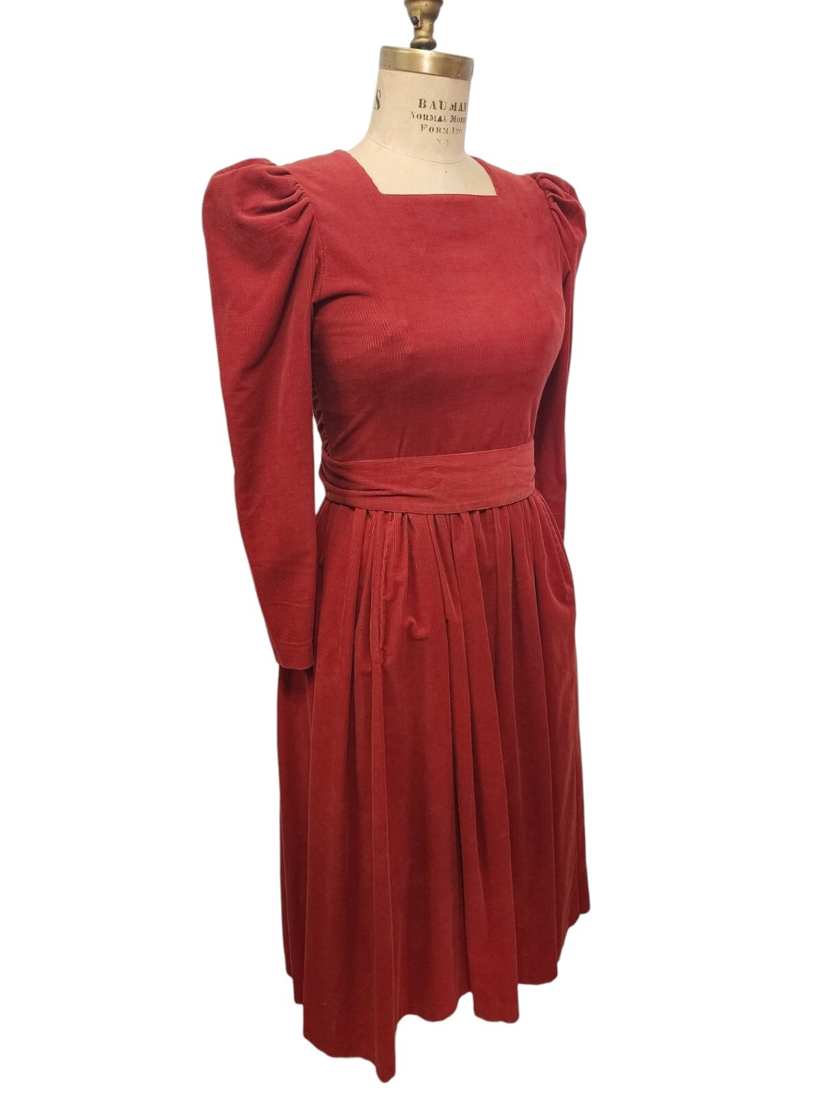 Vtg 80s Laura Ashley Dress Corduroy Orange Puff Sleeve Pockets Belt UK 10/US 6