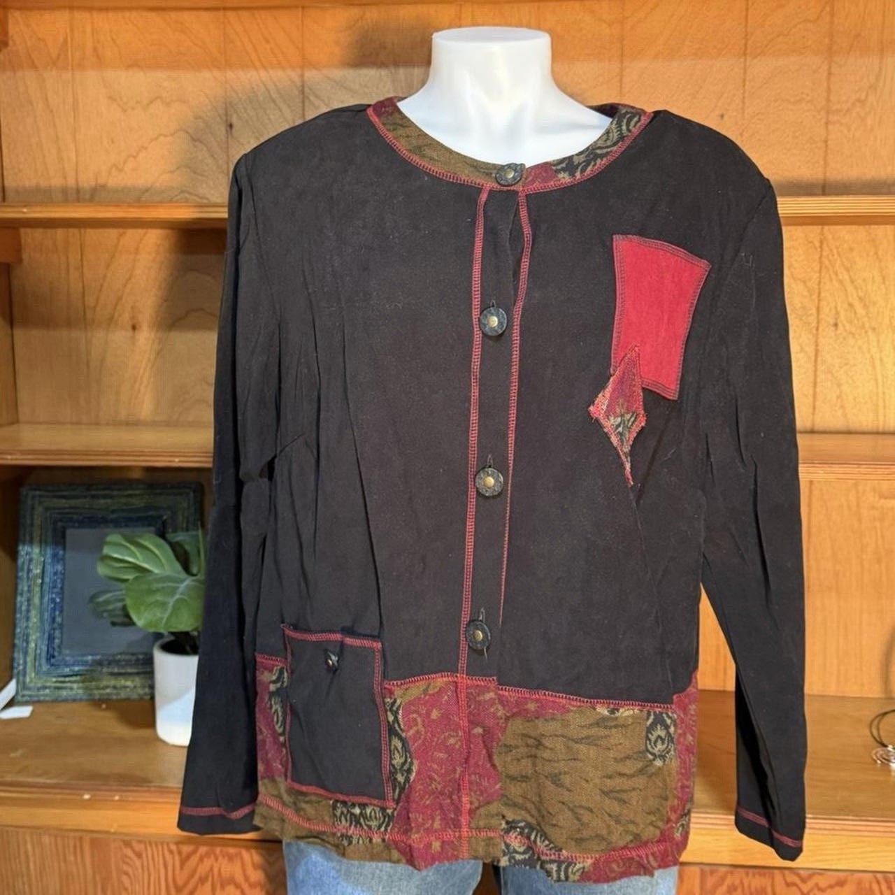 Vintage 90’s C.M. Shapes Patchwork Boho Jacket Top Women’s Artsy Button Front