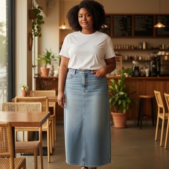 VTG Riders by Lee 16 Flat Front Blue Denim Midi Calf Skirt Back Slit Pockets Zip