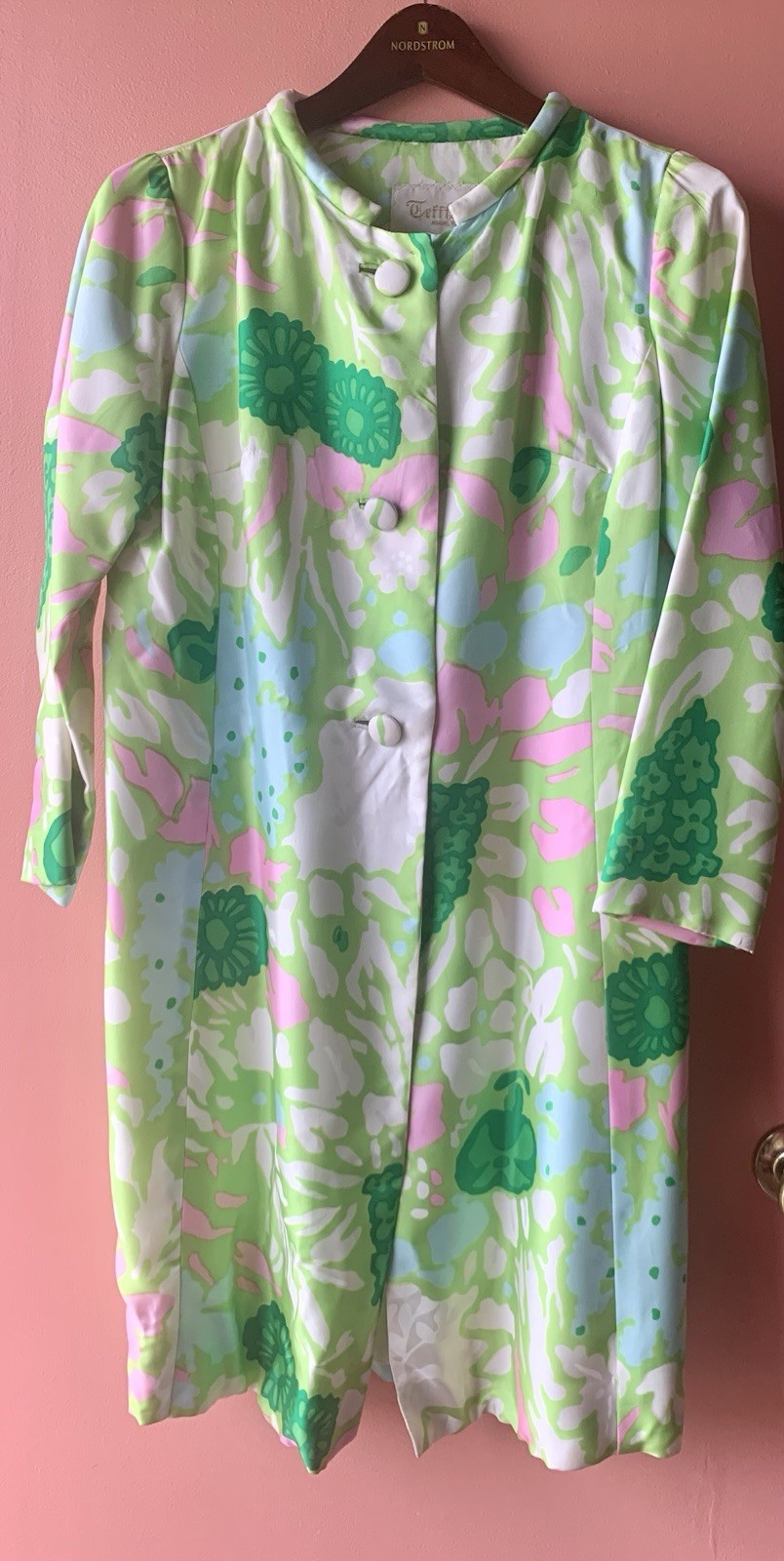 1960s Jacket COAT Small 3/4 Length TEFFTS MIAMI Flower Power Boho Green Pink Vtg