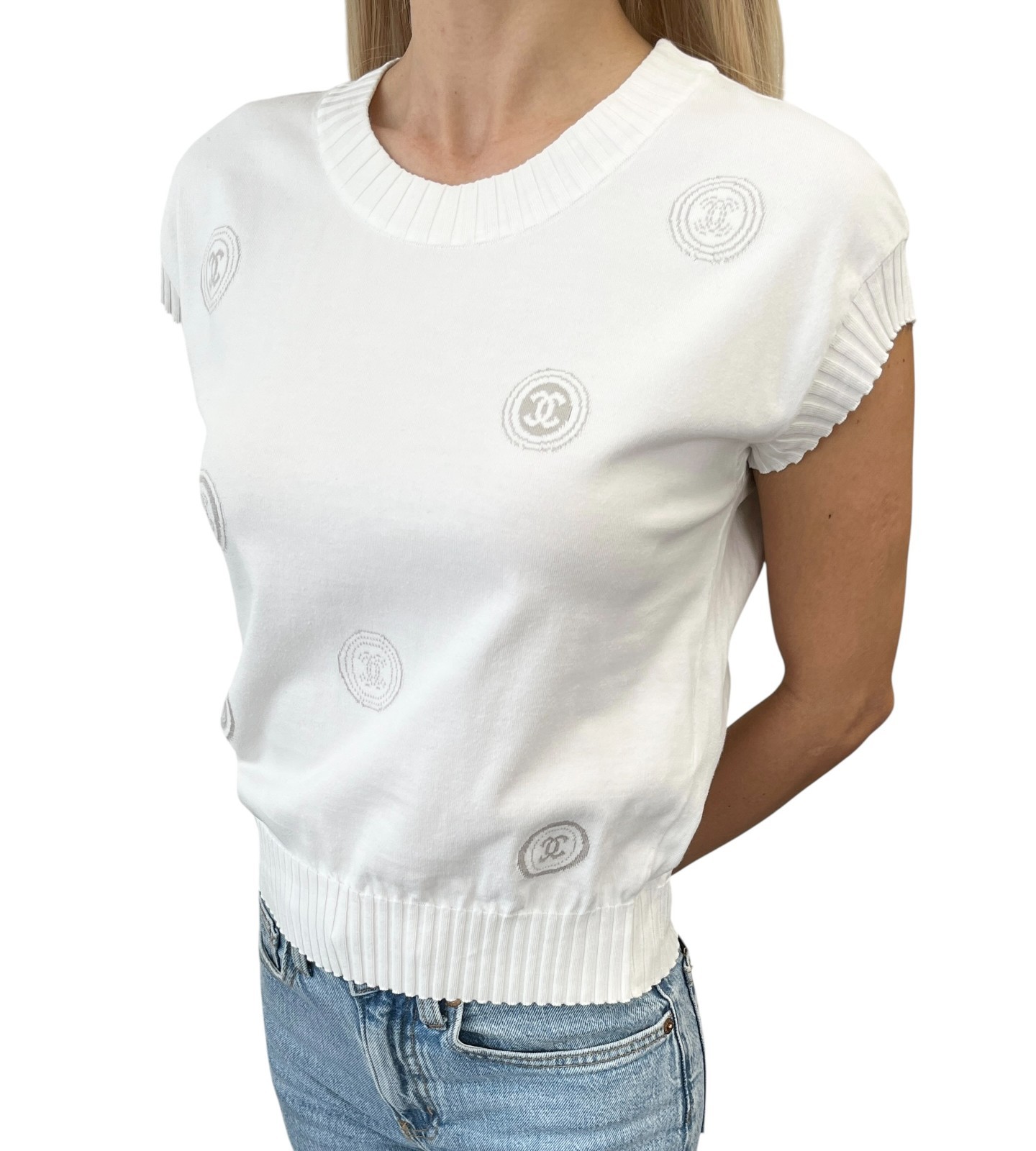 CHANEL Vintage 01P CC Logo Stamp Logo Knit Shirt Top #38 White Greige 901829