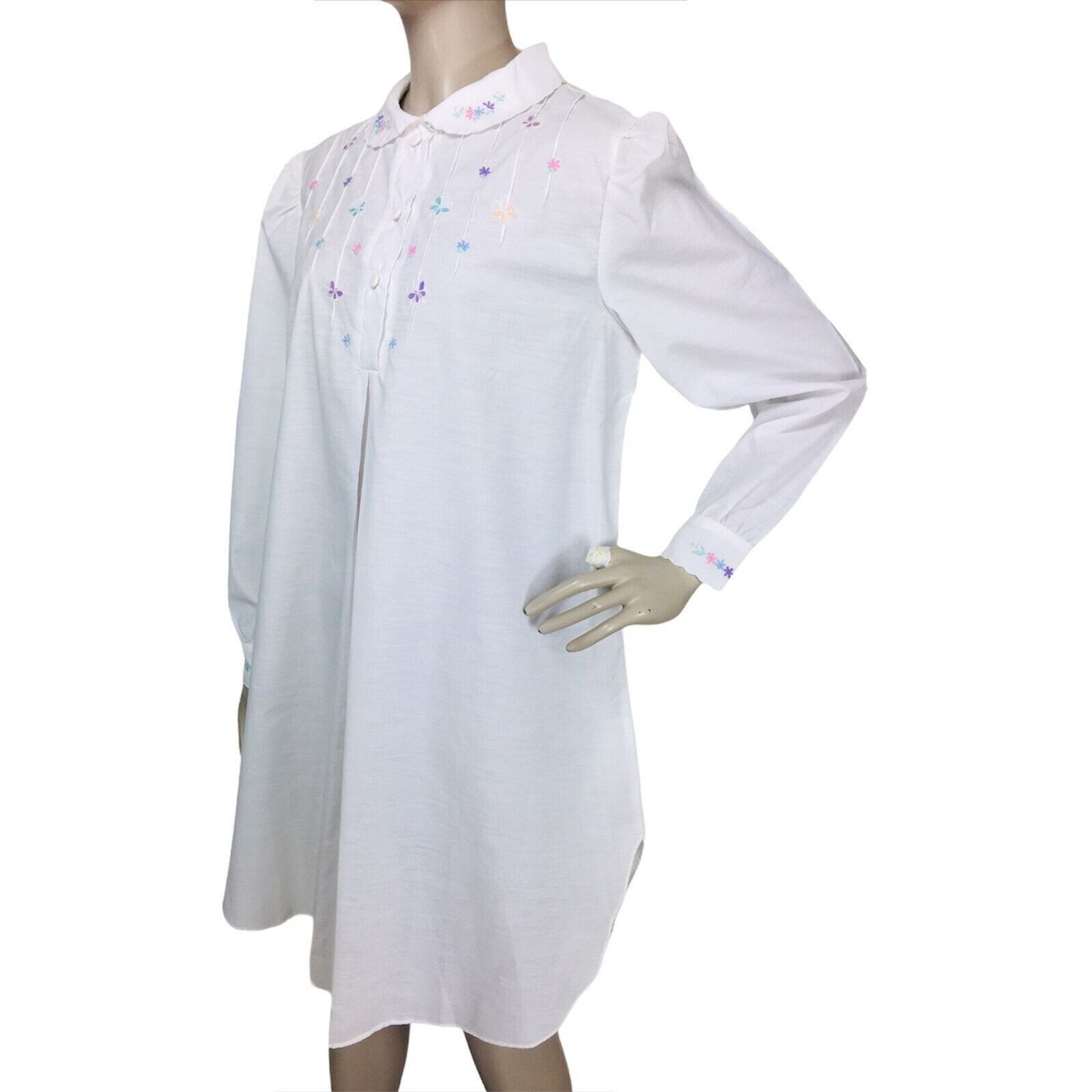 VTG Jodie Arden Hand Embroidered Butterflies Puff Sleeve Sleep Shirt Nightgown