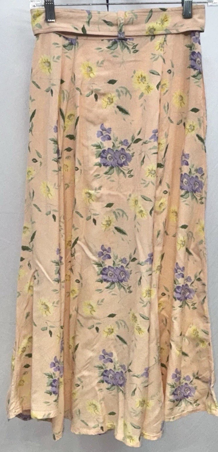 QPS Women Size 4 Vintage Button Up Belted Midi Godet Skirt Peach Floral Pockets
