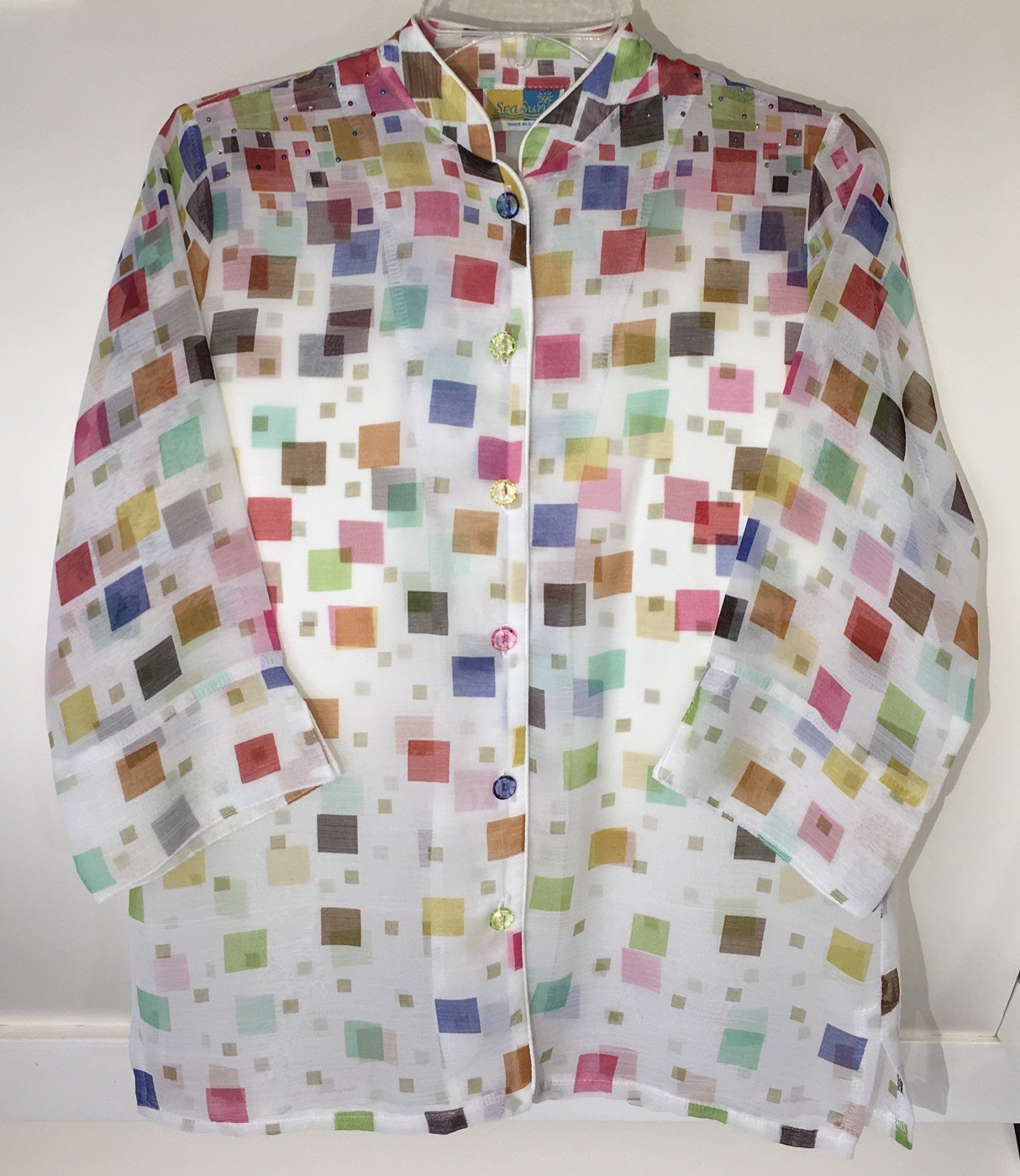 Vtg. Sheer SEA SUNS Mandarin Collar BLOUSE Tiny Multi Color Studs & Buttons RARE