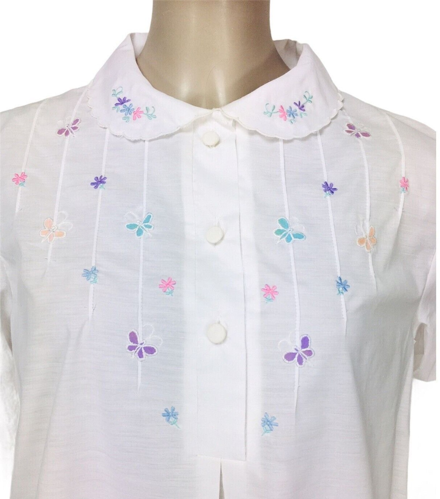 VTG Jodie Arden Hand Embroidered Butterflies Puff Sleeve Sleep Shirt Nightgown