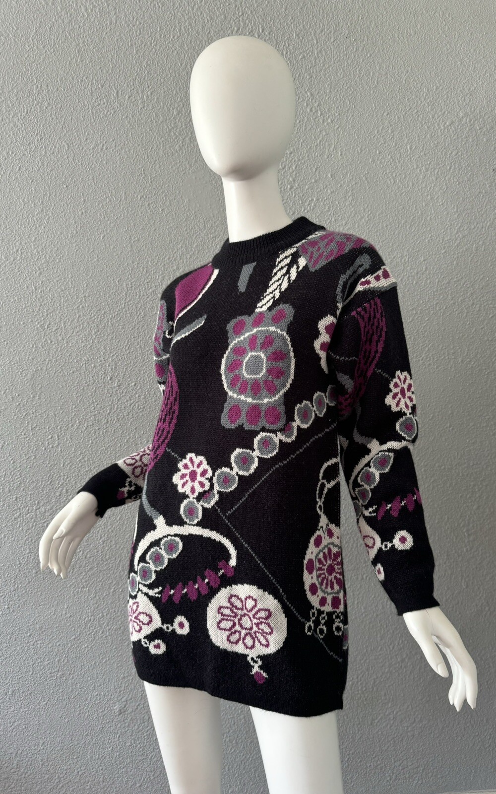 Vintage 80s Black Wool Funky CERVELLE Crew Tunic Sweater Top S