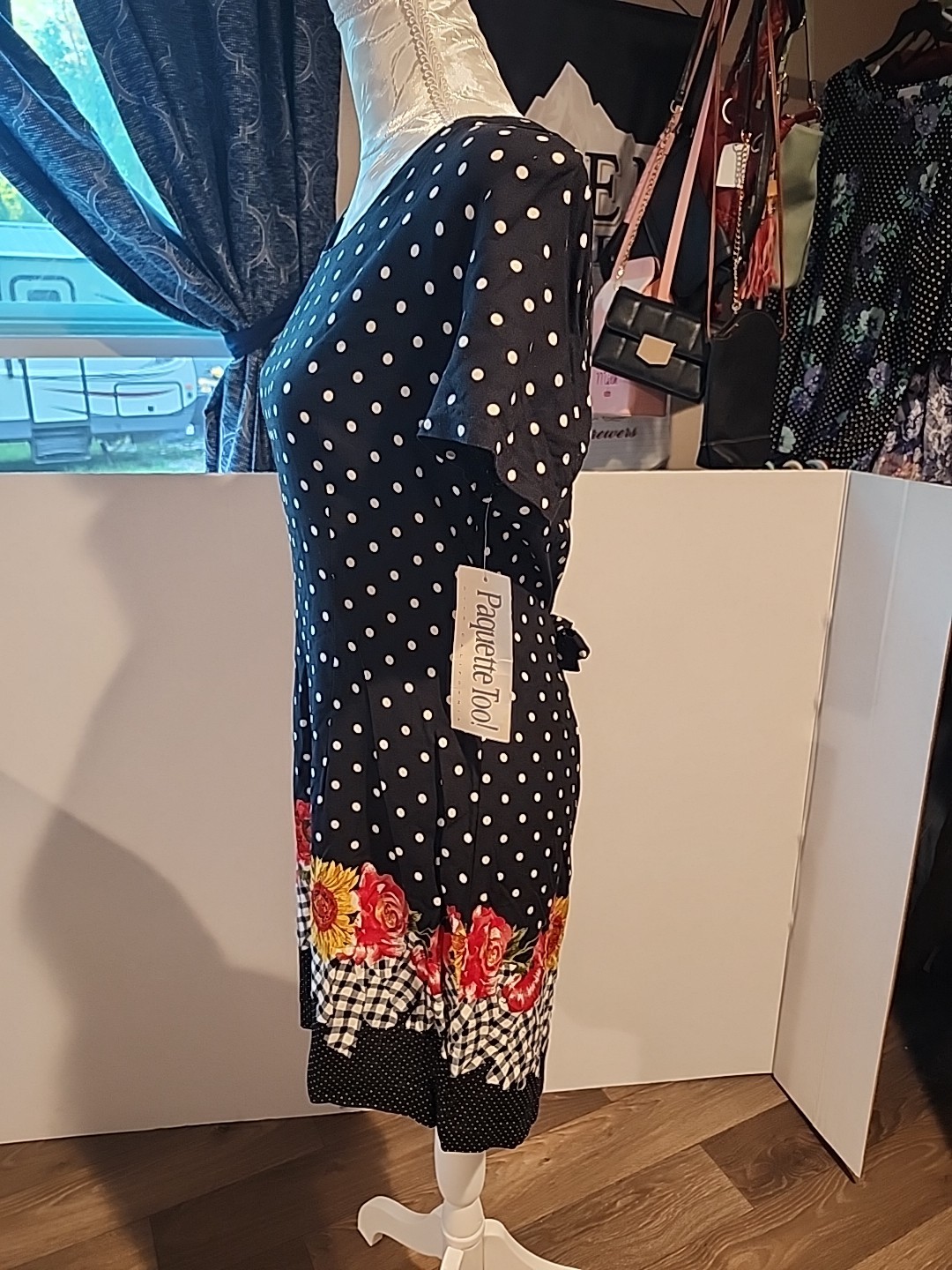 NWT Vintage Paquette Too Black Floral And Pokeadot Midi Size 10