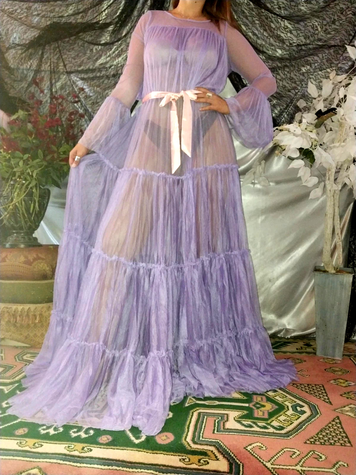 VTG SILKY PURPLE SHEER LAYERS BELL SWEEP NEGLIGEE NIGHTGOWN SISSY 48 OSFM