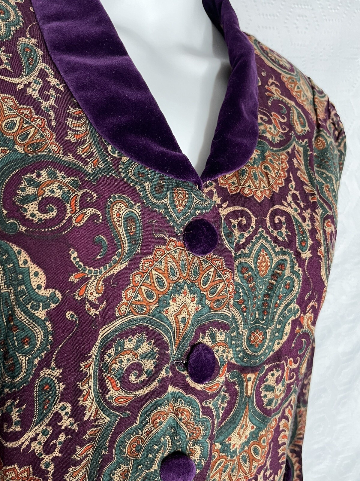 Karin Stevens 80s Vintage 2 Pc Midi Dress 14 Paisley Velvet Collar Jewel Tones