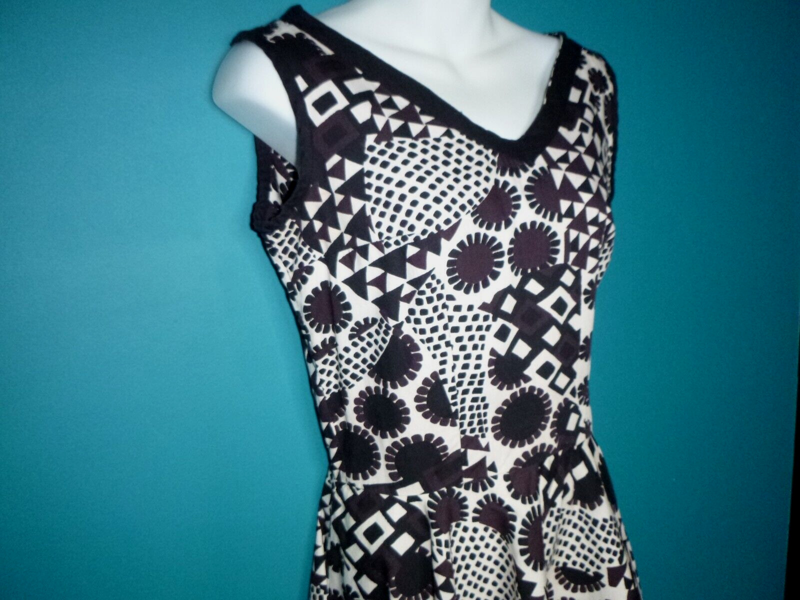 Vtg 60s Fit and Flare Dress MOD Black Brown White Abstract Floral Print Sz S/M