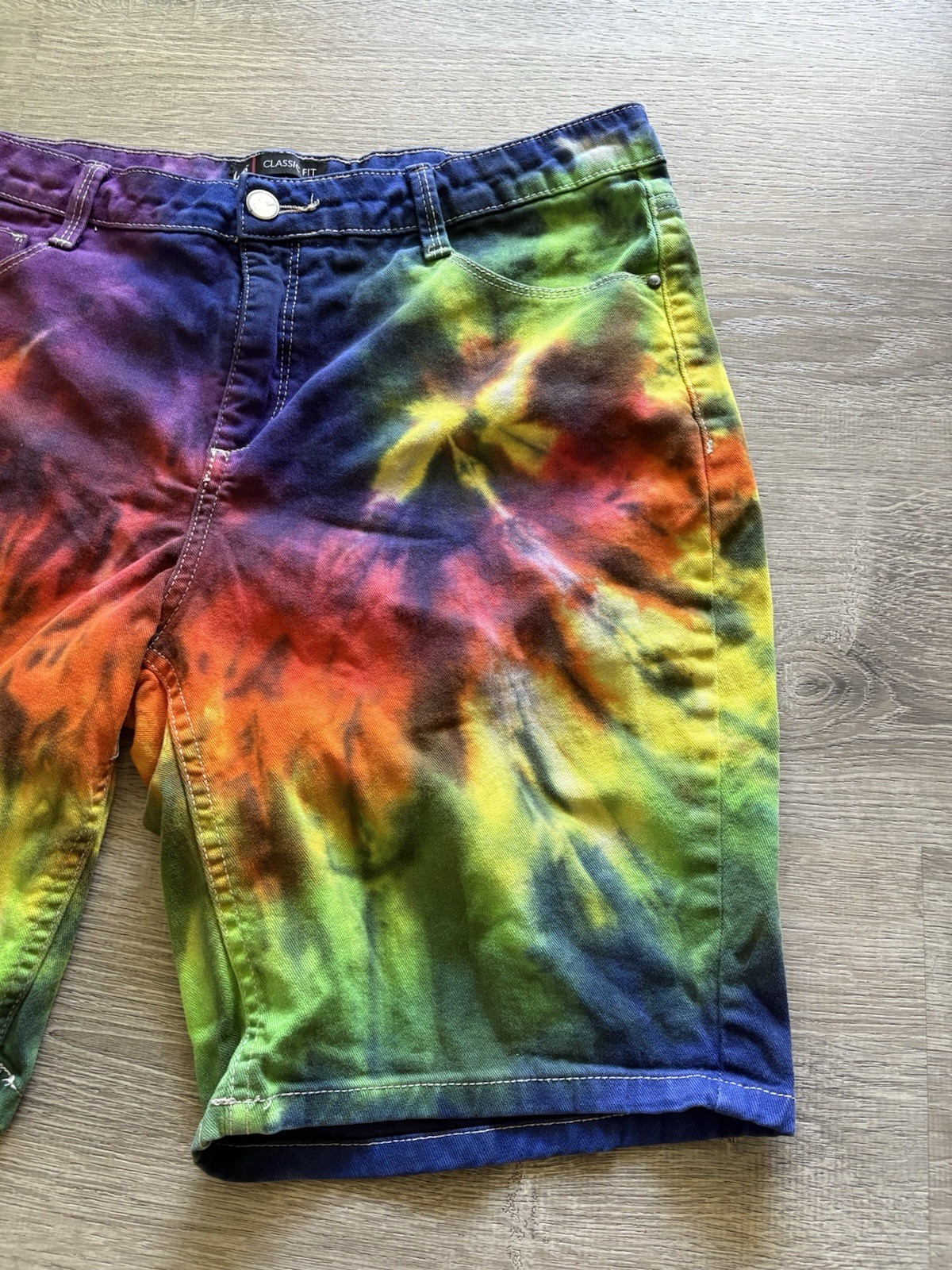 Tie Dye Denim Lee High Waist Shorts 14 Purple Blue Pink Green Hippy Retro