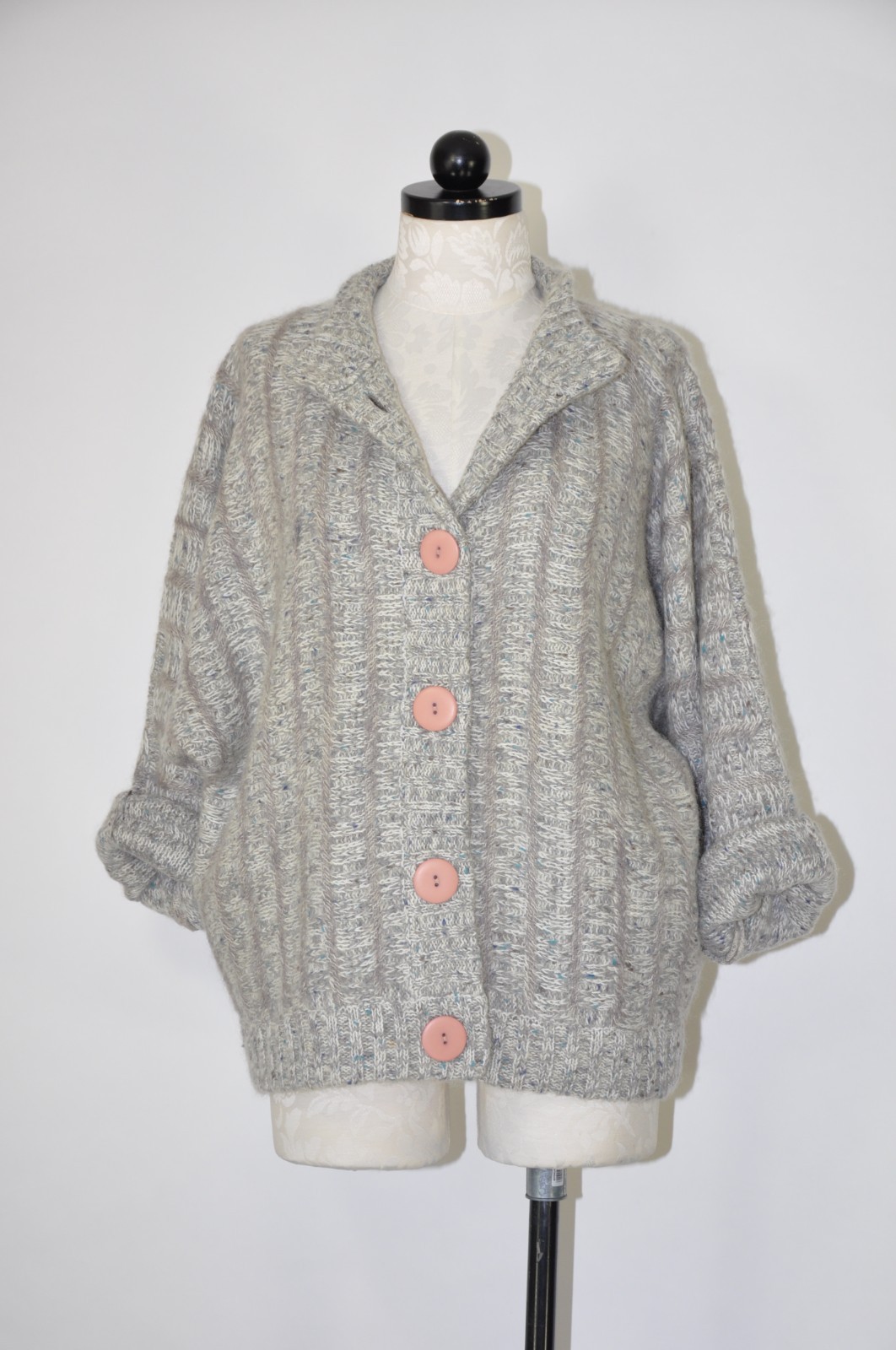 80s Vintage Gray Fuzzy Wool Mohair Buttoned Cardigan Sweater Jacket Women L XL