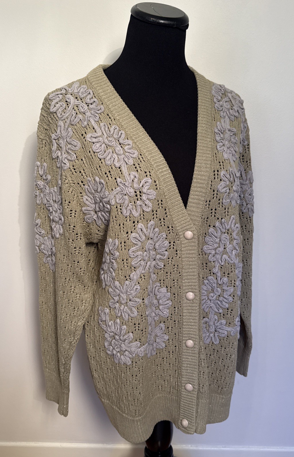 Vintage Fully Fashion Crochet Knit Appliqué Metallic Cardigan Wool Blend S-M