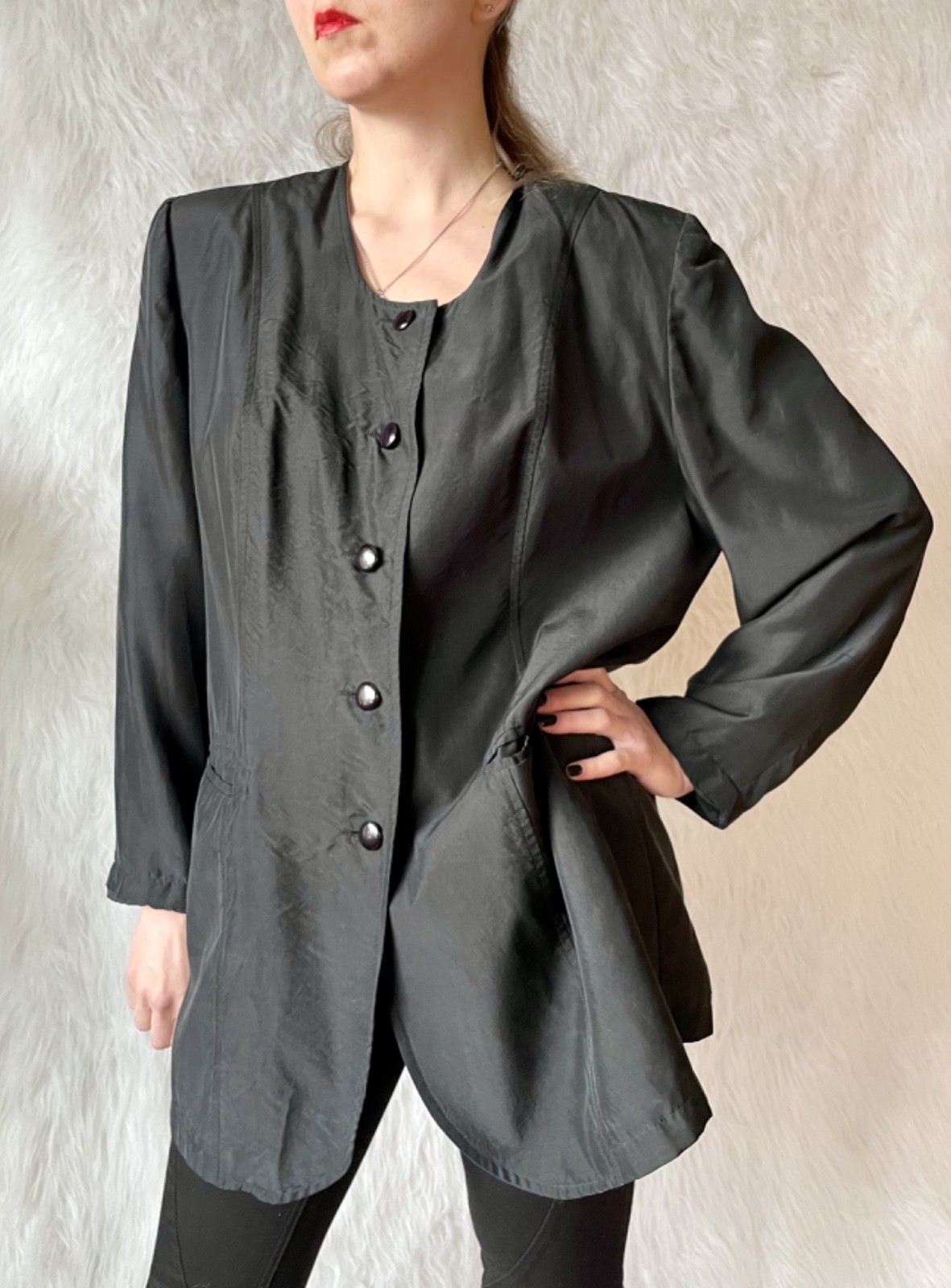 Vtg 80s Jacket 100% Silk Black Jacket Bold Shoulders European Fashion Minimalism