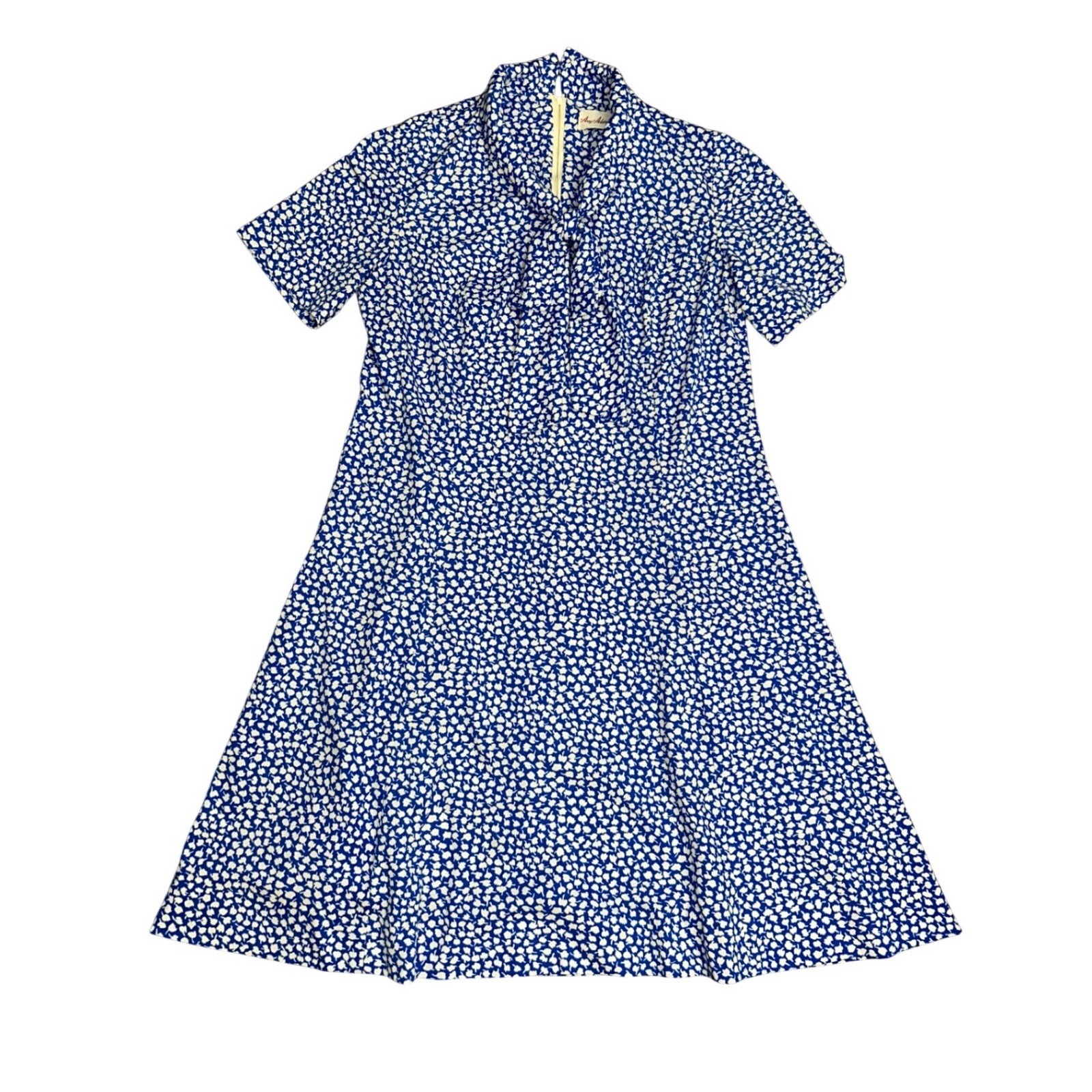 Vtg Blue White Floral Tulip Print Tie Neck A-Line Dress Mod 60s 70s Amy adams