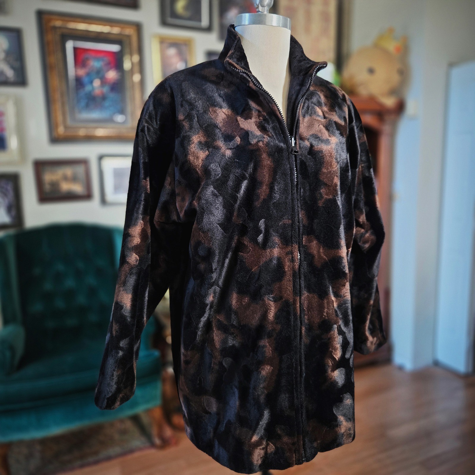 Elnora Faux Fur Jacket Vintage 90s Brown Black Abstract Plush Zip Coat Large