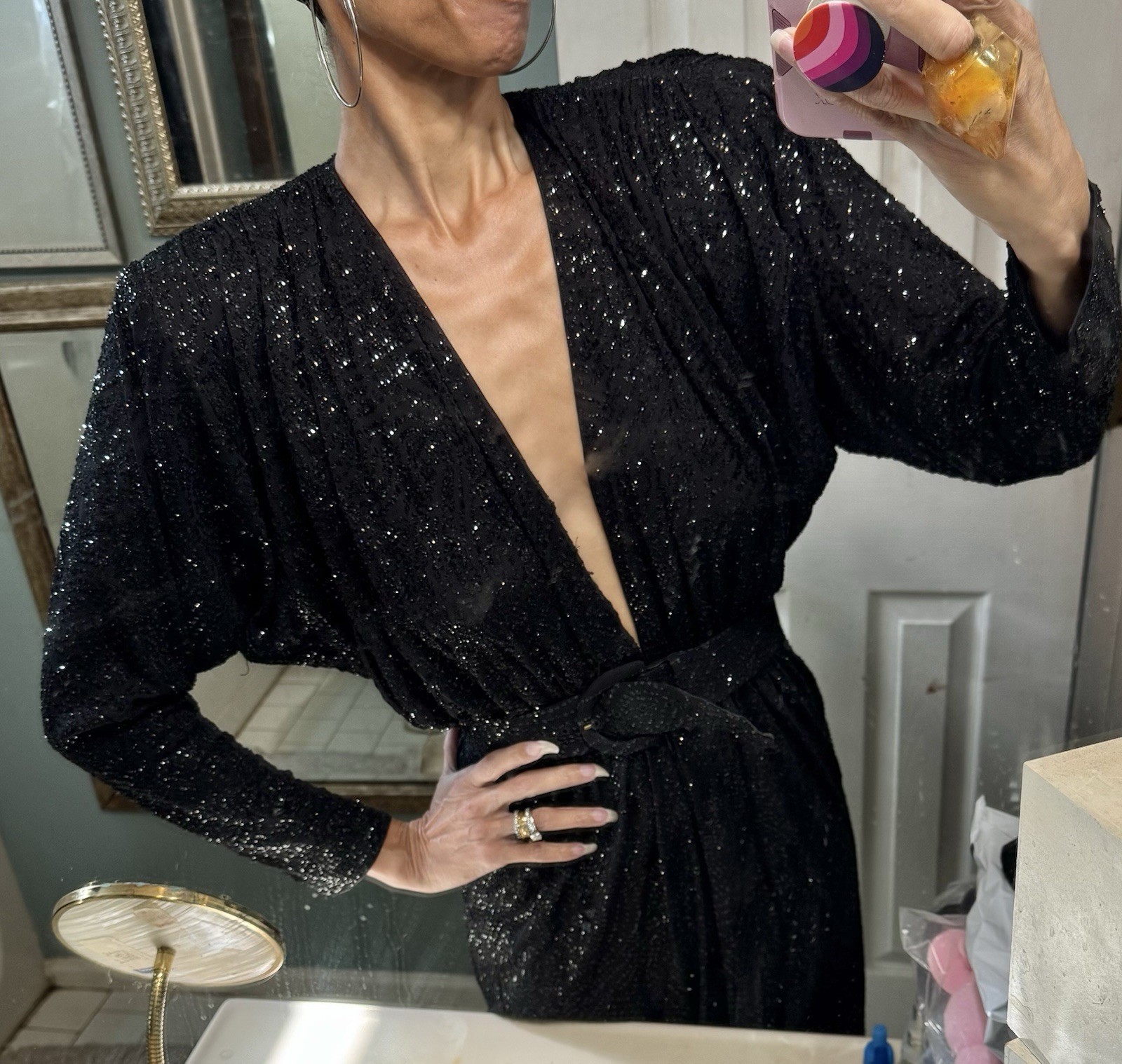 Vtg 70s Crepe Encrusted Jersey Draped Studio 54 Disco Halston YSL Bianca Dress S