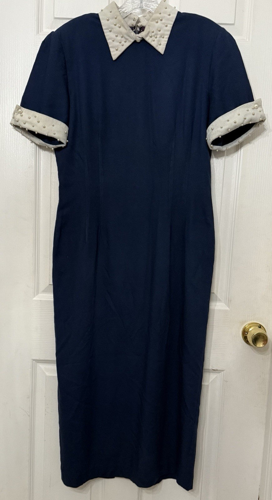VTG Misty Lane Retro Collar Dress Sz 11/12 Beaded Faux Pearls 80s Blue & White