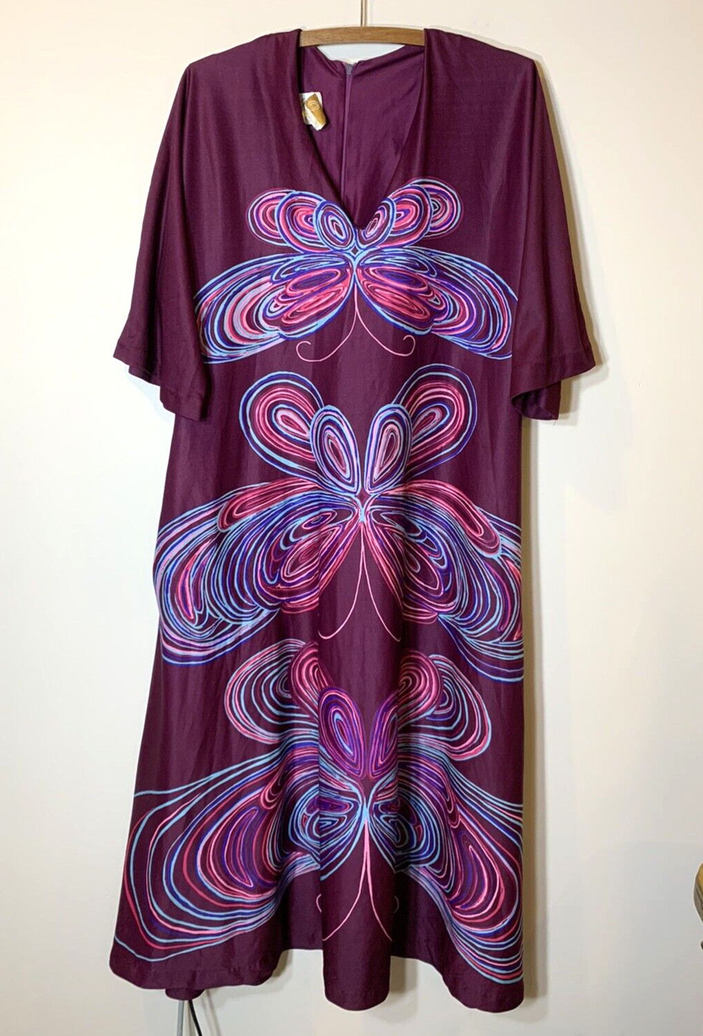 MW Collection Vintage Caftan Womens Small 10/12 Purple Butterfly Maxi 70s READ