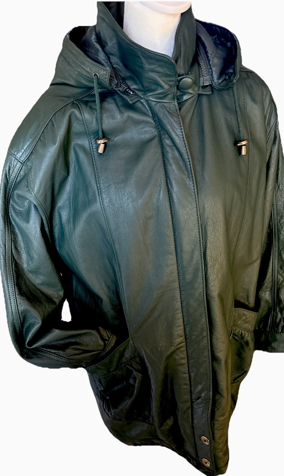 Vtg Green Leather Coat Quilted Liner Removable Hood High Collar J. Ferrar M