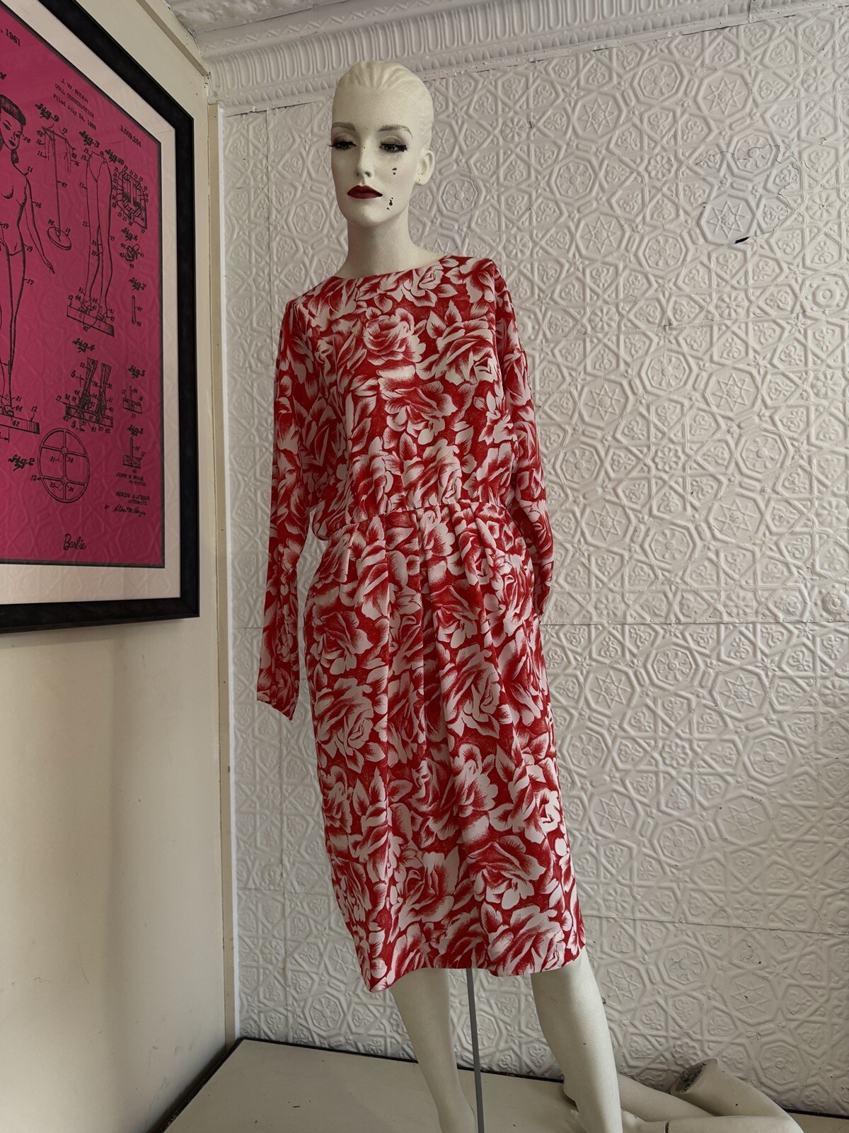 Vintage Dress 1980s Rose Print-romantic-Red-white-Daydress-floral-Small/medium