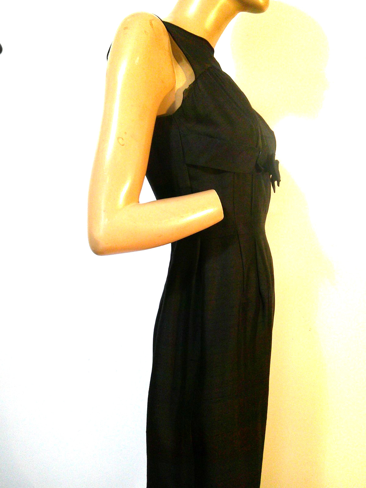 Vtg 50’s Black Raw Silk Illusion Wiggle Hourglass Pin Up Dress MINT 36-28-38