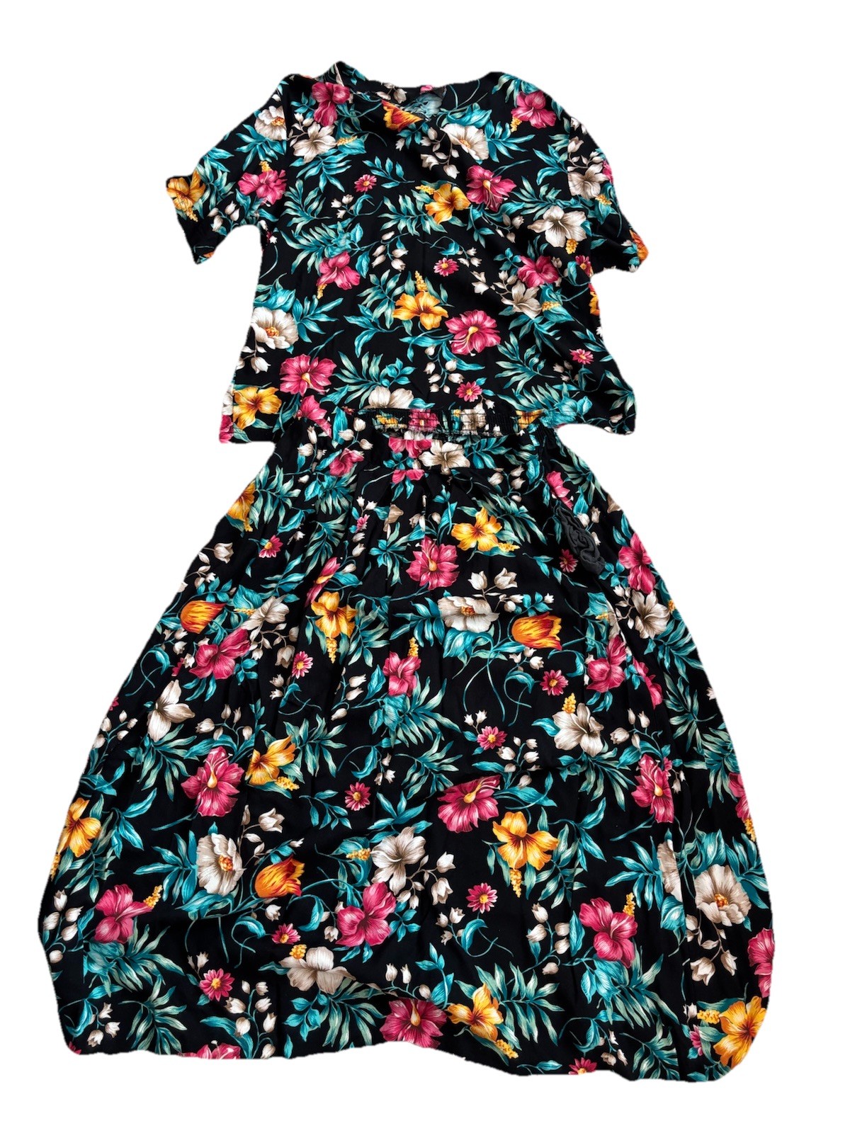 Vintage 2 Piece Skirt Set Floral Tropical Black Multi-Color High Waist Boho