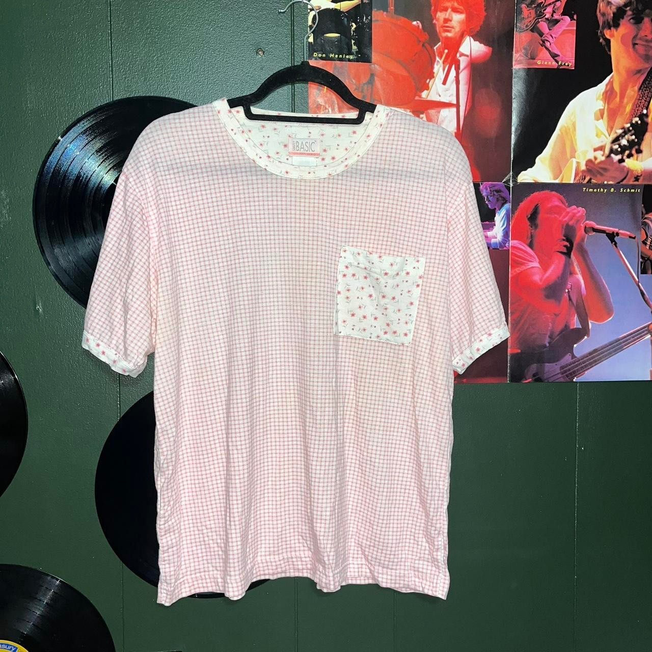 Vintage 1990s pink and white gingham t-shirt with cute little floral pocket.