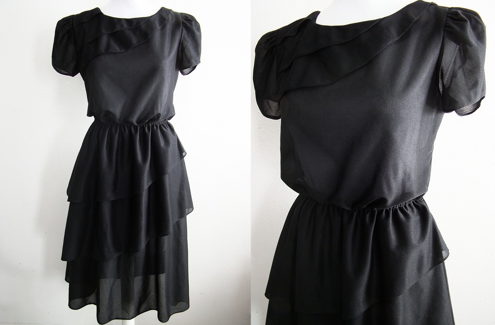 VTG 70s Tier Neck & Skirt Short Sleeve Jersey Chiffon Dolly Day Party Dress M/L