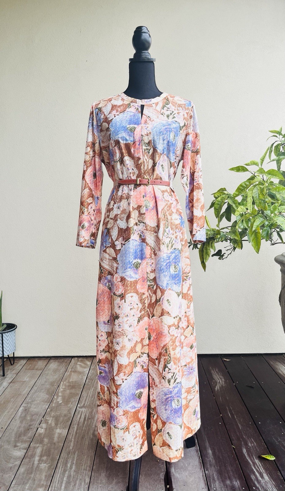 Vintage 70s Maxi Dress Long Sleeve Boho – British Lady – Gold Coral Blue Medium