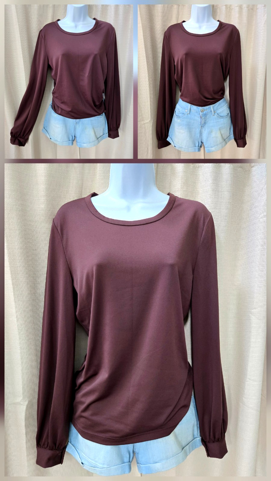 Vtg Newport News Retro Mod Style Casual Dressy Brown Stretch Bishop Sleeve Top M