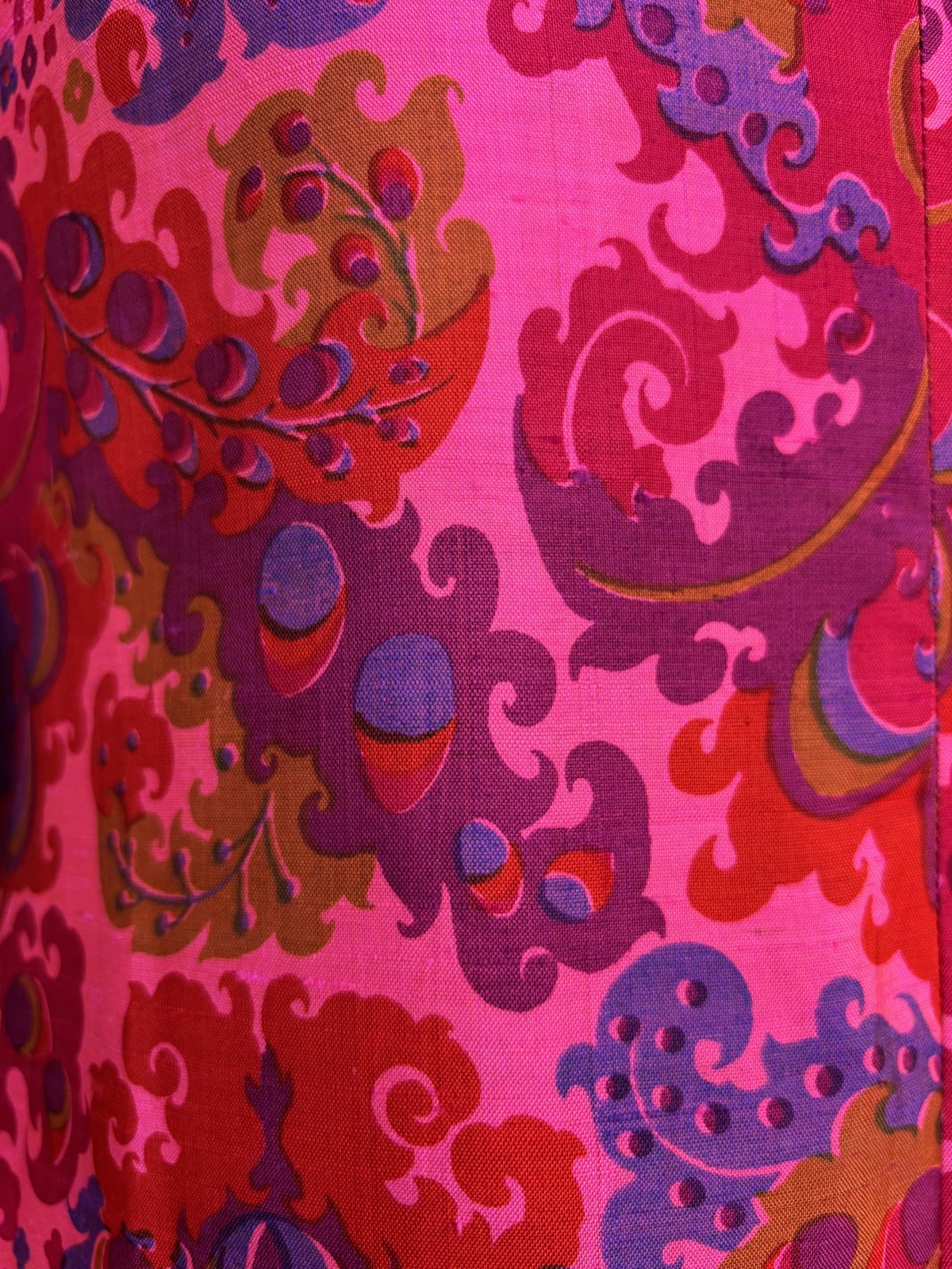 Vintage Thai Silk Bright Pink Psychedelic Cowl Neck Maxi Dress