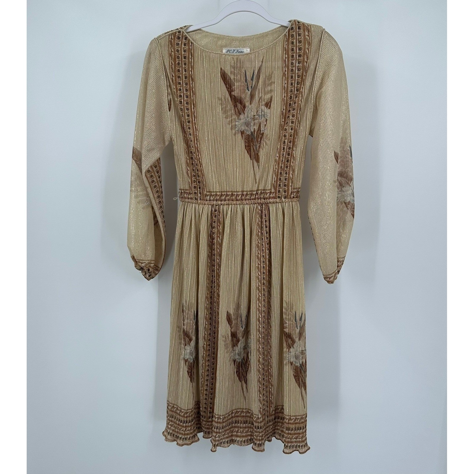 Hal Ferman Womens Vintage 70s Boho Gold Metallic Floral Midi Dress Size 10P MCM