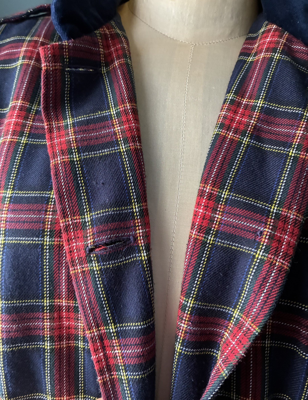 Vintage Laura Plaid 100% Cotton Dress Velvet Collar Gold Buttons USA 80s Sz 14