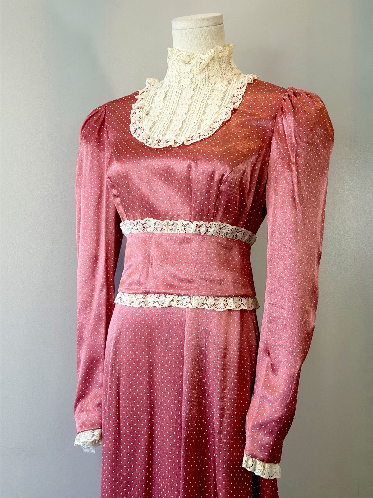 Vintage 1970s Prairie Dress Pink Dot Cottagecore 70s Elegant Edwardian Medium