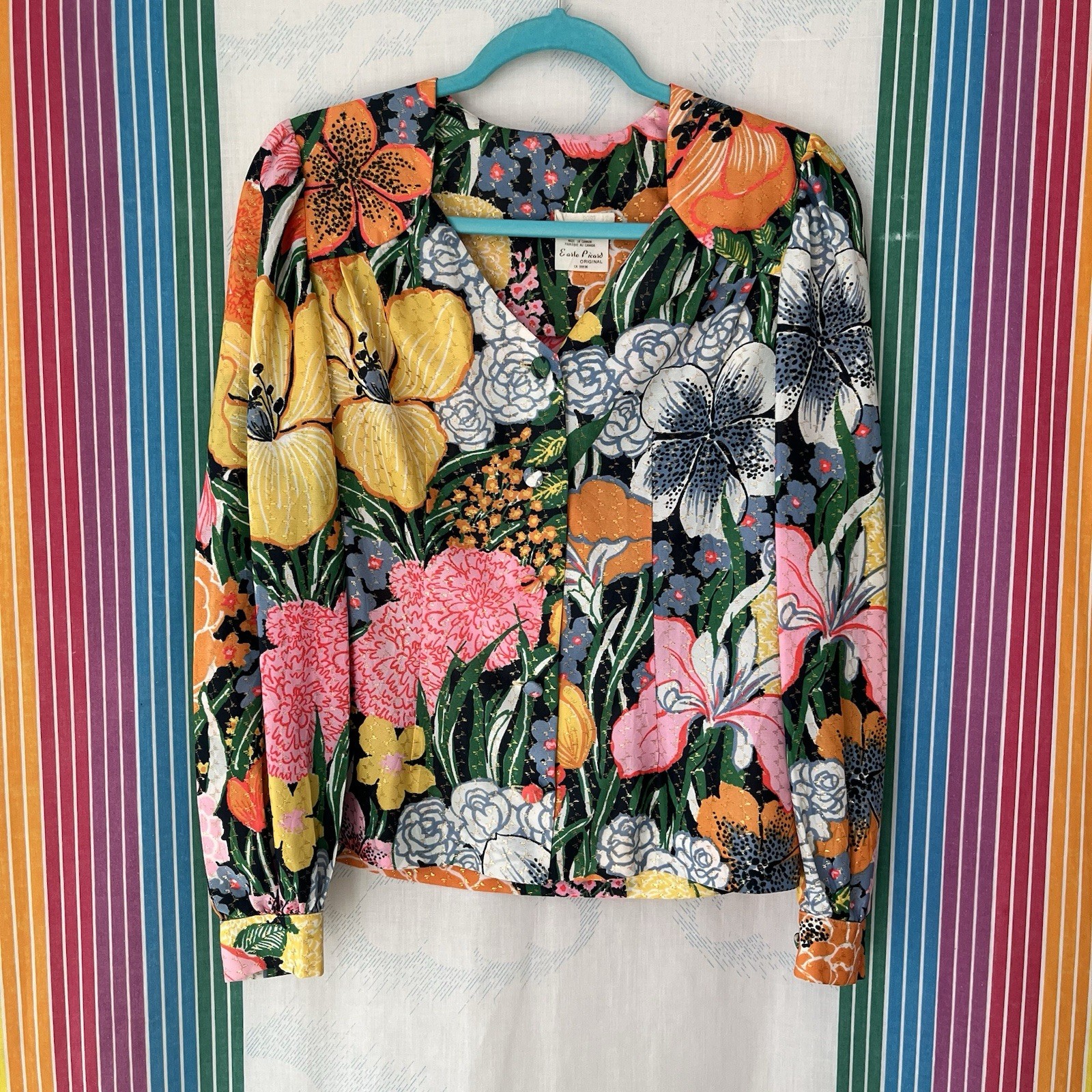 Vintage 70s Metallic Floral Blouse Long Sleeve with Split Sleeves Small